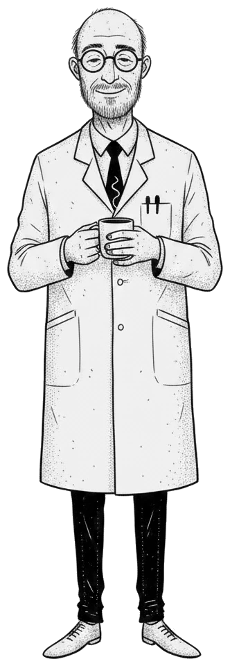 Dr Vida com uma caneca de café, de frente