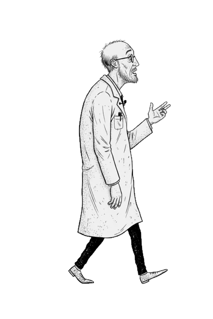 Dr Vida, mascote do hubVIDA, caminhando ao longo da página